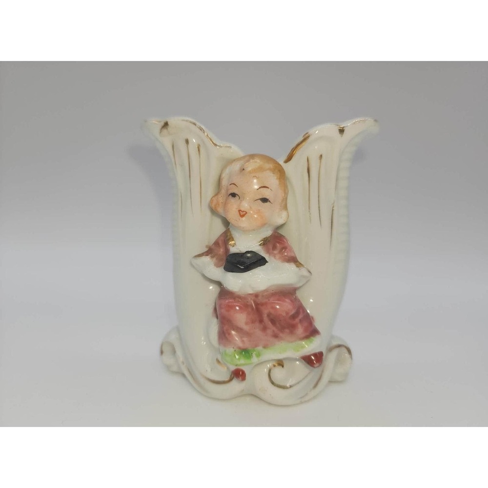 Vintage Japan Ceramic Bud Vase Girl in Red Dress Gold Trim Double Flute 3.5 Inch
